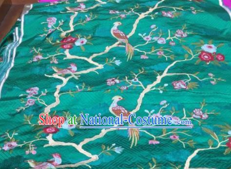 Asian Traditional Fabric Classical Embroidered Bird Flowers Pattern Green Brocade Chinese Satin Silk Material