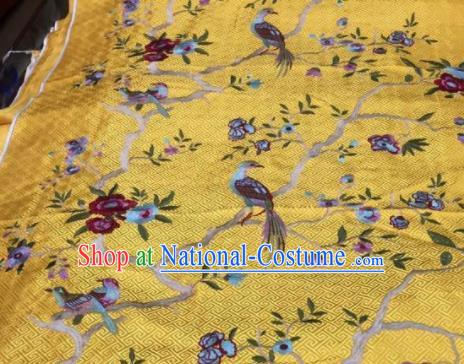 Asian Traditional Fabric Classical Embroidered Bird Flowers Pattern Yellow Brocade Chinese Satin Silk Material