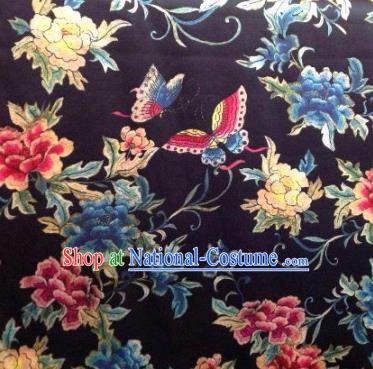 Asian Traditional Fabric Classical Butterfly Flowers Pattern Black Brocade Chinese Satin Silk Material