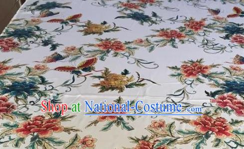 Asian Traditional Fabric Classical Butterfly Flowers Pattern White Brocade Chinese Satin Silk Material