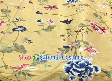 Asian Traditional Fabric Classical Embroidered Peony Butterfly Pattern Yellow Brocade Chinese Satin Silk Material