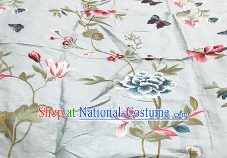 Asian Traditional Fabric Classical Embroidered Peony Butterfly Pattern Blue Brocade Chinese Satin Silk Material