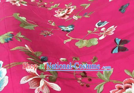 Asian Traditional Fabric Classical Embroidered Peony Butterfly Pattern Rosy Brocade Chinese Satin Silk Material