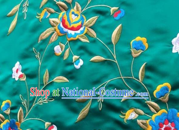 Asian Traditional Fabric Classical Embroidered Peony Flowers Pattern Green Brocade Chinese Satin Silk Material