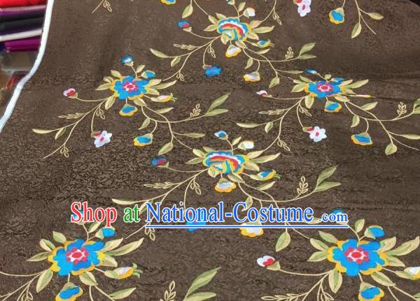 Asian Traditional Fabric Classical Embroidered Peony Flowers Pattern Brown Brocade Chinese Satin Silk Material