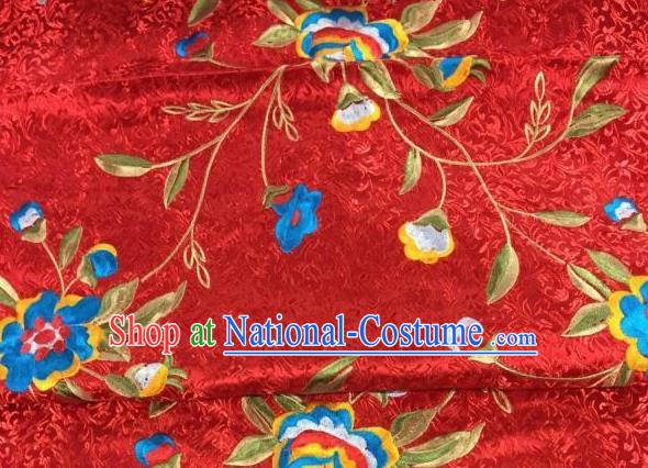 Asian Traditional Fabric Classical Embroidered Peony Flowers Pattern Red Brocade Chinese Satin Silk Material