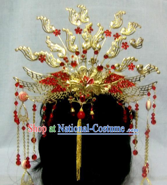 Chinese Traditional Beijing Opera Princess Hair Accessories Ancient Bride Golden Phoenix Hairpins Headwear for Women