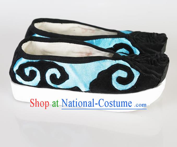 Traditional Chinese Beijing Opera Pantaloon Embroidered Shoes Ancient Hanfu Blue Shoes for Women