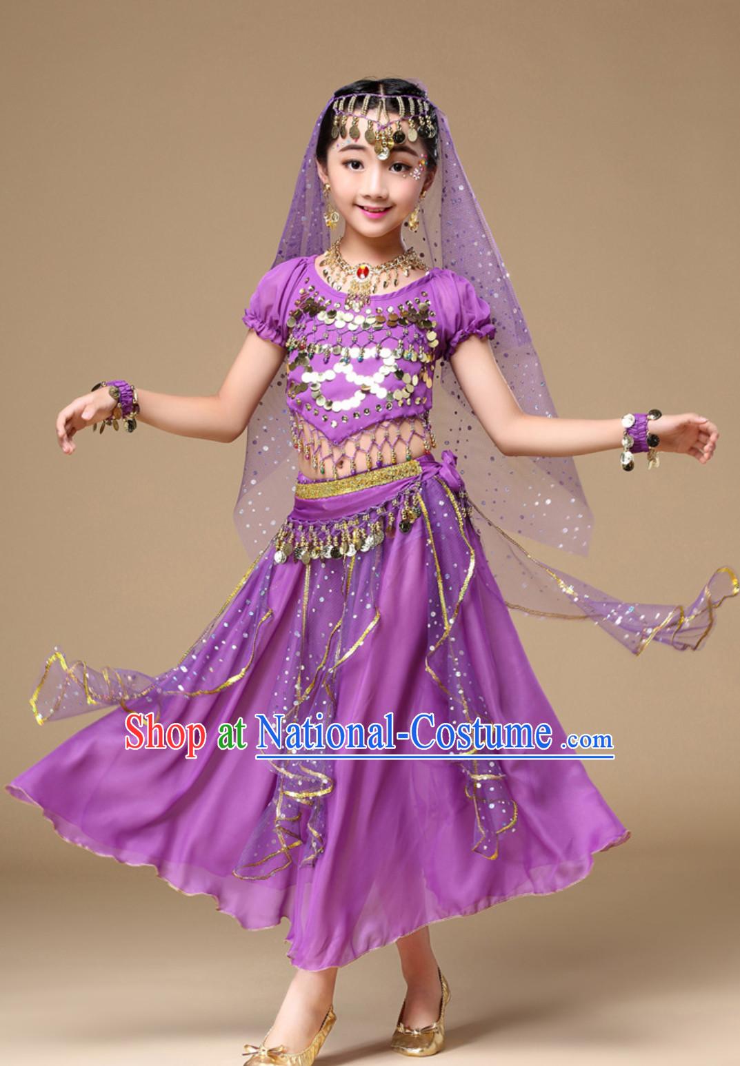 Purple Color Indian Traditional Belly Dancing Costumes Asian India Oriental Dance Costume Complete Set for Kids