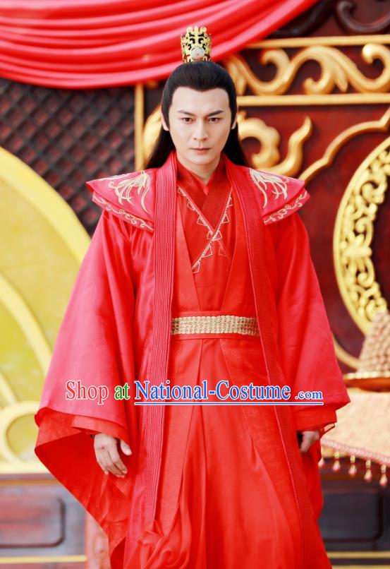 Drama Zhao Yao Chinese Ancient Swordsman Embroidered Wedding Red Replica Costume for Men