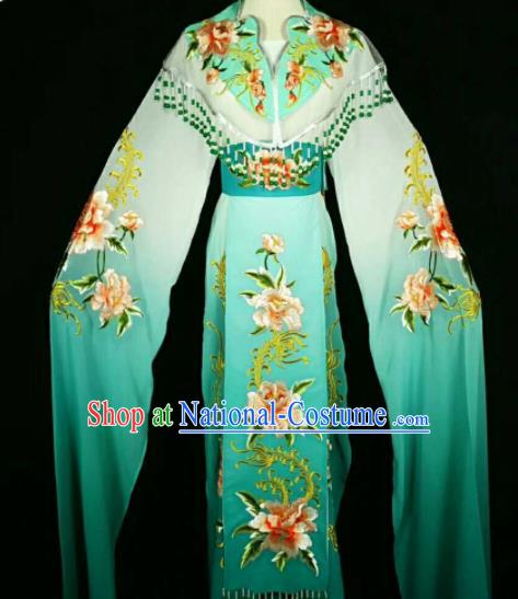 Traditional Chinese Peking Opera Peri Embroidered Peony Green Dress Ancient Court Princess Costume for Women