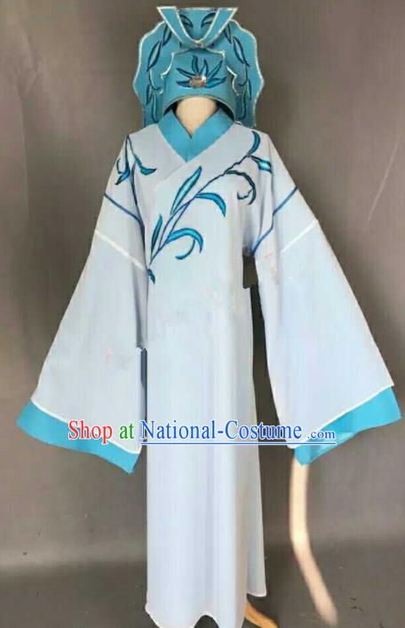 Chinese Traditional Peking Opera Niche Costume Ancient Number One Scholar Embroidered Blue Robe for Men