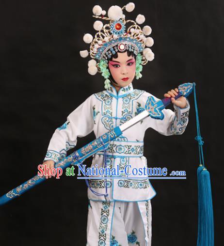 Professional Chinese Traditional Beijing Opera Blues Costume Ancient Swordswomen White Clothing for Kids