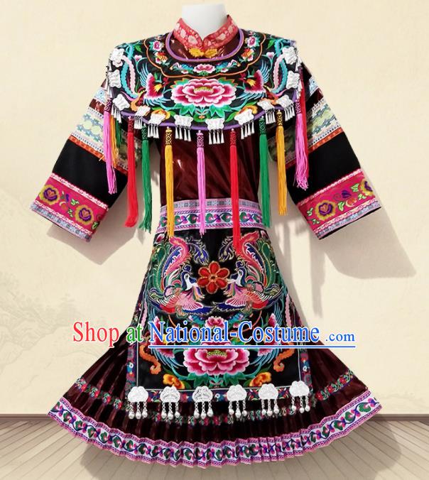 Chinese Traditional Ethnic Folk Dance Costume Miao Nationality Embroidered Dress for Women