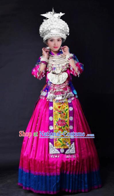 Chinese Traditional Ethnic Costume Miao Nationality Folk Dance Wedding Rosy Dress for Women