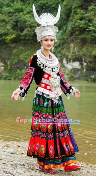 Chinese Traditional Ethnic Folk Dance Costume Miao Nationality Embroidered Dress and Headdress for Women