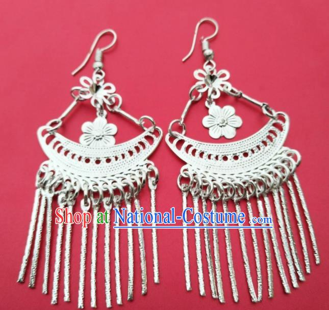 Chinese Traditional Ethnic Ear Accessories Miao Nationality Silver Flower Tassel Earrings for Women