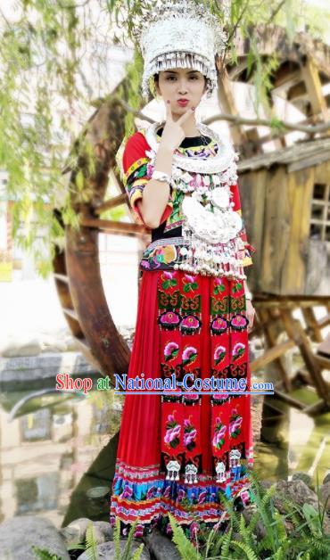 Chinese Traditional Ethnic Folk Dance Costume Miao Nationality Bride Wedding Red Embroidered Dress for Women