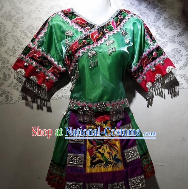 Chinese Traditional Hmong Ethnic Folk Dance Costume China Miao Nationality Embroidered Green Dress for Women