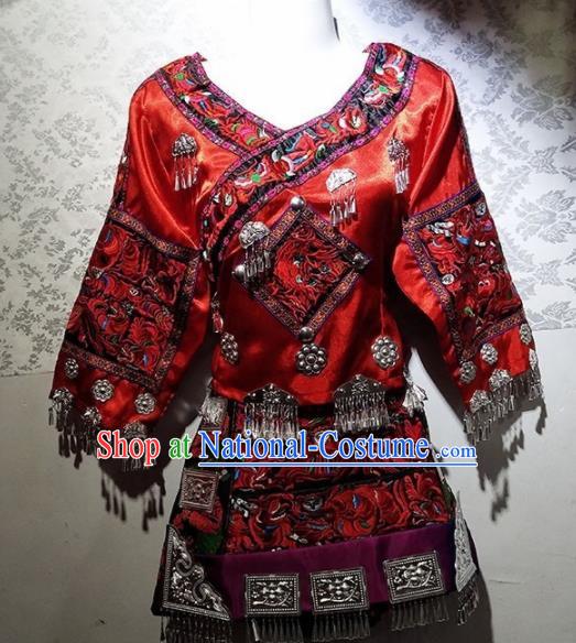 Chinese Traditional Hmong Ethnic Folk Dance Costume China Miao Nationality Embroidered Red Dress for Women