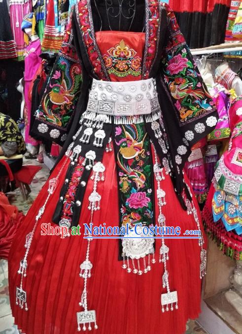 Chinese Traditional Hmong Ethnic Wedding Costume China Miao Nationality Folk Dance Embroidered Red Dress for Women