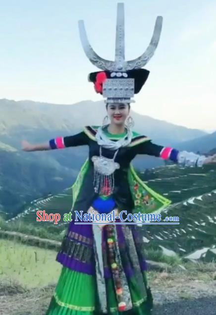 Chinese Traditional Hmong Ethnic Wedding Costume China Miao Nationality Folk Dance Embroidered Green Dress for Women