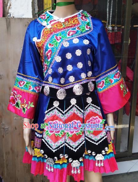 Chinese Traditional Hmong Ethnic Costume Miao Nationality Folk Dance Embroidered Blue Dress for Women