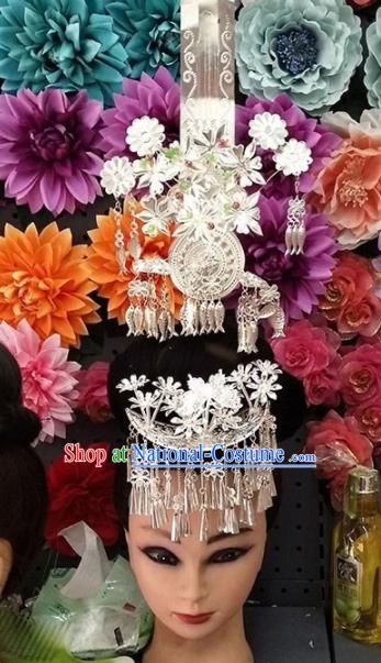 Chinese Traditional Ethnic Hair Accessories Miao Nationality Wedding Silver Phoenix Coronet Hairpins for Women