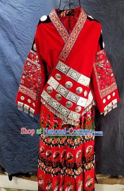 Chinese Traditional Hmong Ethnic Costume Miao Nationality Folk Dance Embroidered Red Dress for Women