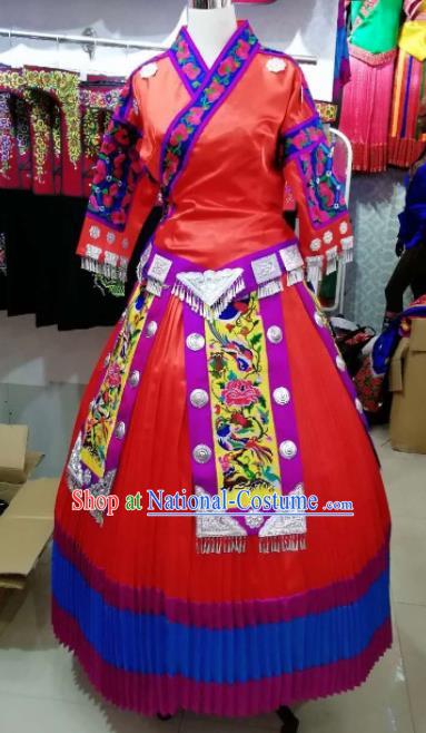 Chinese Traditional Hmong Ethnic Costume Miao Nationality Folk Dance Red Dress for Women