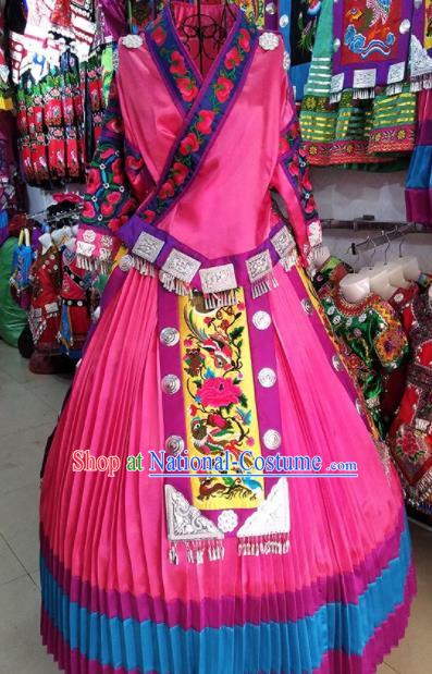 Chinese Traditional Hmong Ethnic Costume Miao Nationality Folk Dance Pink Dress for Women