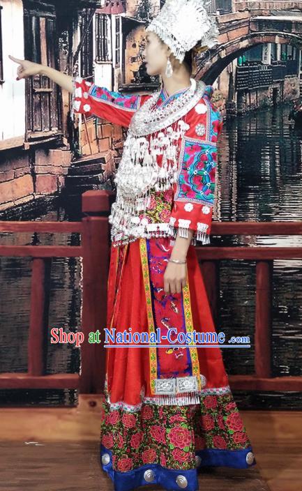 Chinese Traditional Hmong Ethnic Wedding Costume Miao Nationality Folk Dance Dress and Headdress for Women