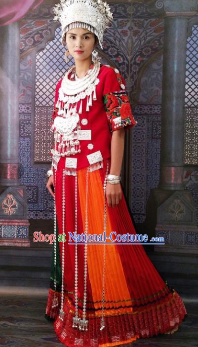 Chinese Traditional Hmong Ethnic Female Costume Miao Nationality Folk Dance Dress and Headdress for Women