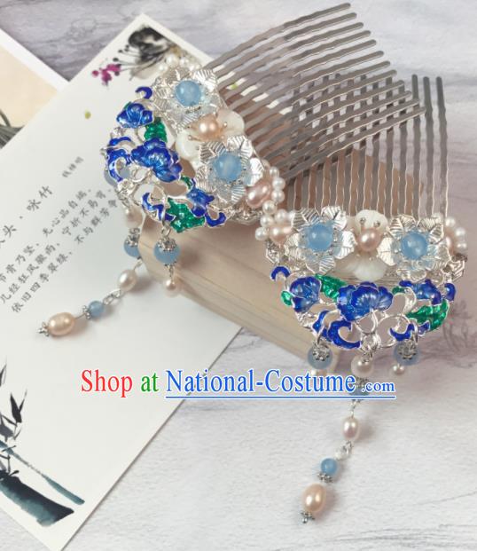 Chinese Ancient Princess Blueing Pearls Tassel Hair Combs Traditional Hanfu Hair Accessories for Women