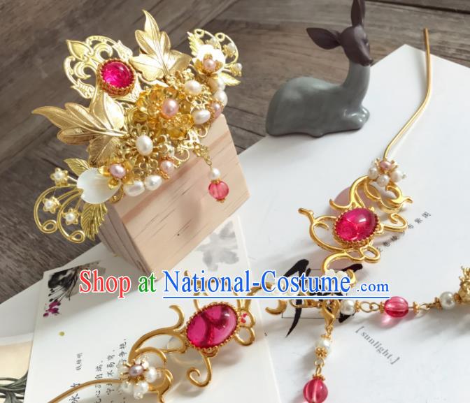 Chinese Ancient Princess Pearls Golden Hair Crown Hairpins Traditional Hanfu Hair Accessories for Women