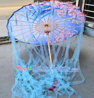 Chinese Ancient Drama Prop Blue Ribbon Umbrella Traditional Handmade Umbrellas