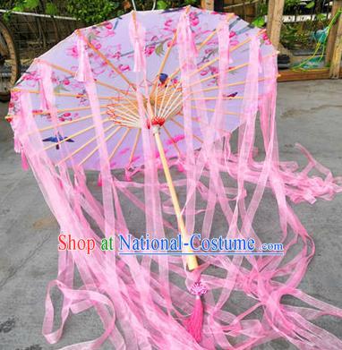 Chinese Ancient Drama Prop Pink Ribbon Umbrella Traditional Printing Handmade Umbrellas