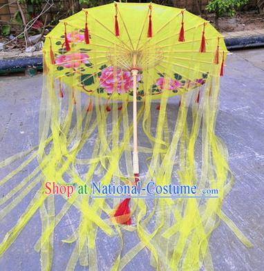 Chinese Ancient Drama Prop Umbrella Traditional Printing Yellow Ribbon Handmade Umbrellas