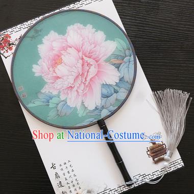 Chinese Traditional Palace Fans Ancient Princess Printing Peony Green Round Fans for Women