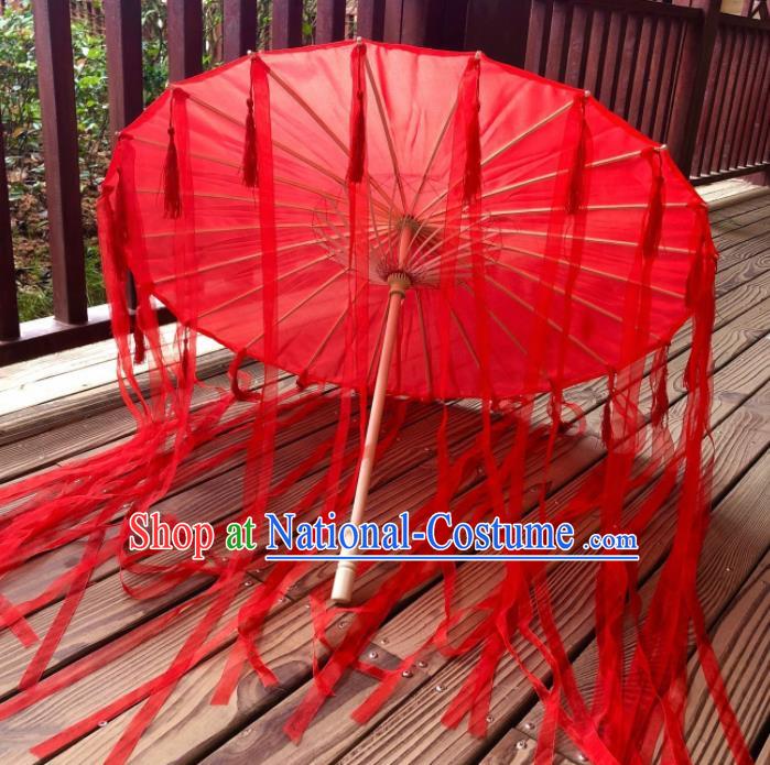 Chinese Ancient Drama Prop Umbrella Traditional Handmade Red Ribbon Umbrellas