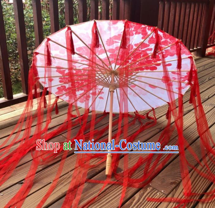 Chinese Ancient Drama Prop Printing Umbrella Traditional Handmade Red Ribbon Umbrellas