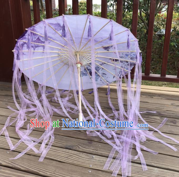 Chinese Ancient Drama Prop Printing Umbrella Traditional Handmade Purple Ribbon Umbrellas