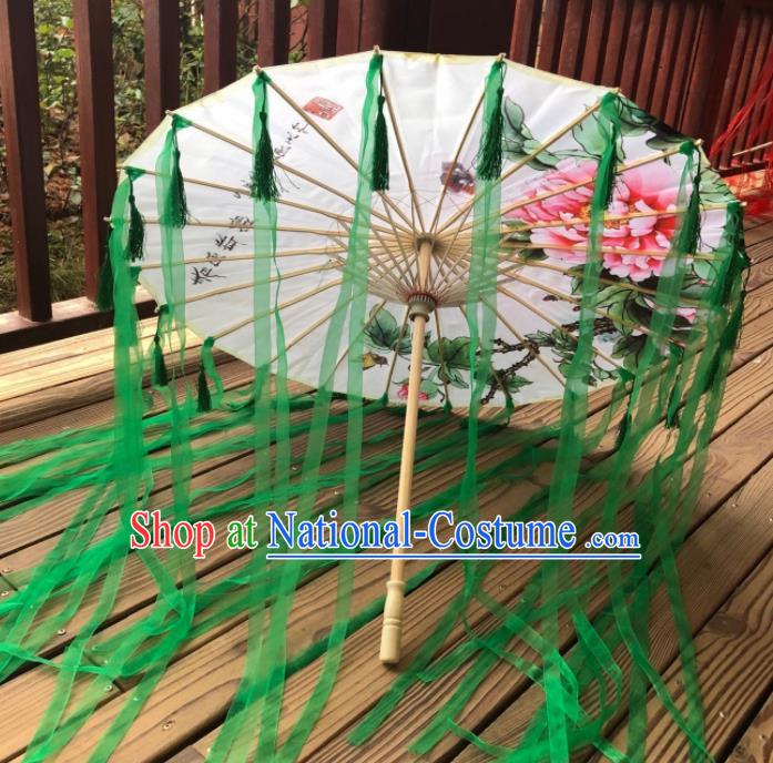 Chinese Ancient Drama Prop Printing Umbrella Traditional Handmade Green Ribbon Umbrellas