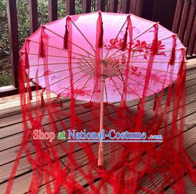 Chinese Ancient Drama Prop Printing Flowers Umbrella Traditional Handmade Red Ribbon Umbrellas