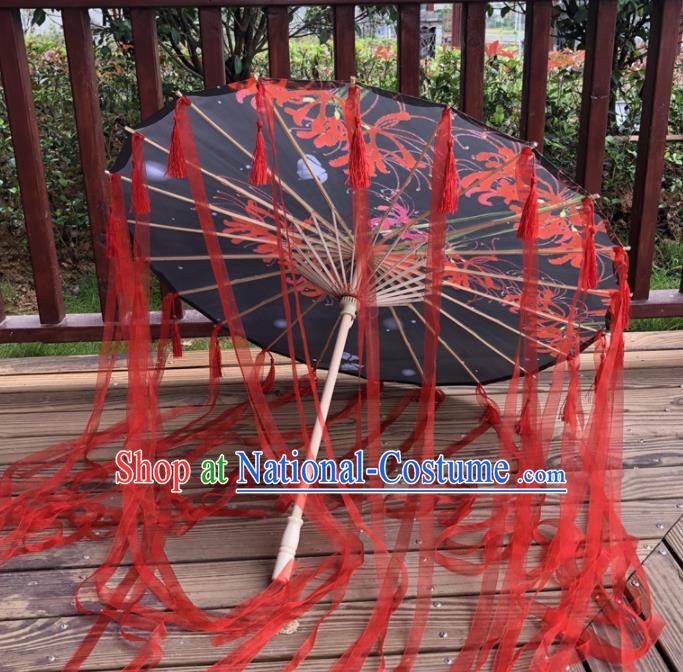 Chinese Ancient Drama Prop Black Silk Umbrella Traditional Handmade Red Ribbon Umbrellas