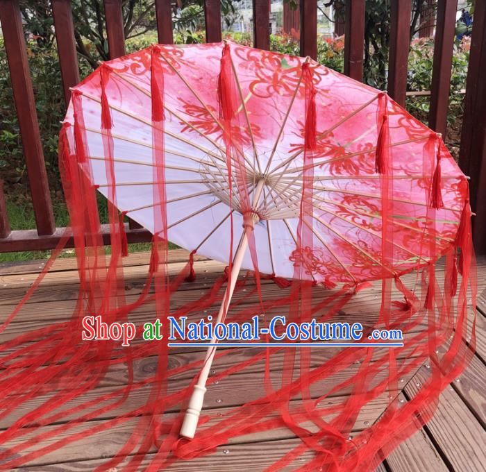 Chinese Ancient Drama Prop Printing Silk Umbrella Traditional Handmade Red Ribbon Umbrellas