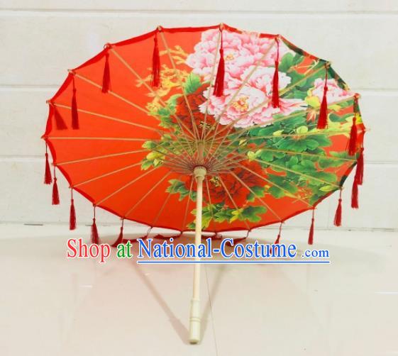 Chinese Ancient Drama Prop Printing Peony Silk Umbrella Traditional Handmade Red Tassel Umbrellas