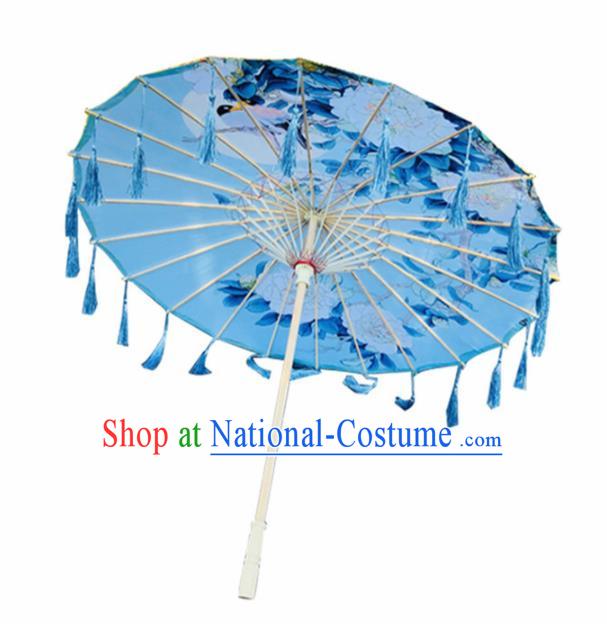 Chinese Ancient Drama Prop Printing Peony Silk Umbrella Traditional Handmade Blue Tassel Umbrellas