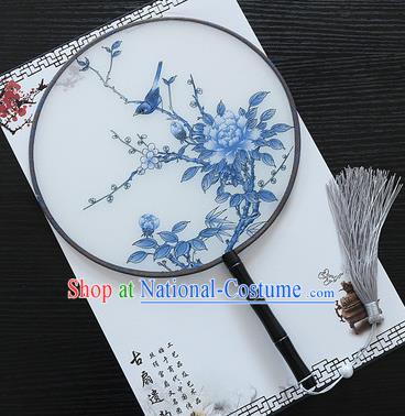 Chinese Traditional Palace Fans Ancient Princess Printing Blue Peony Round Fans for Women