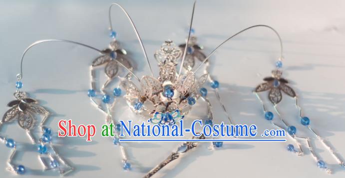 Chinese Ancient Princess Blue Beads Tassel Phoenix Coronet Hairpins Traditional Hanfu Hair Accessories for Women